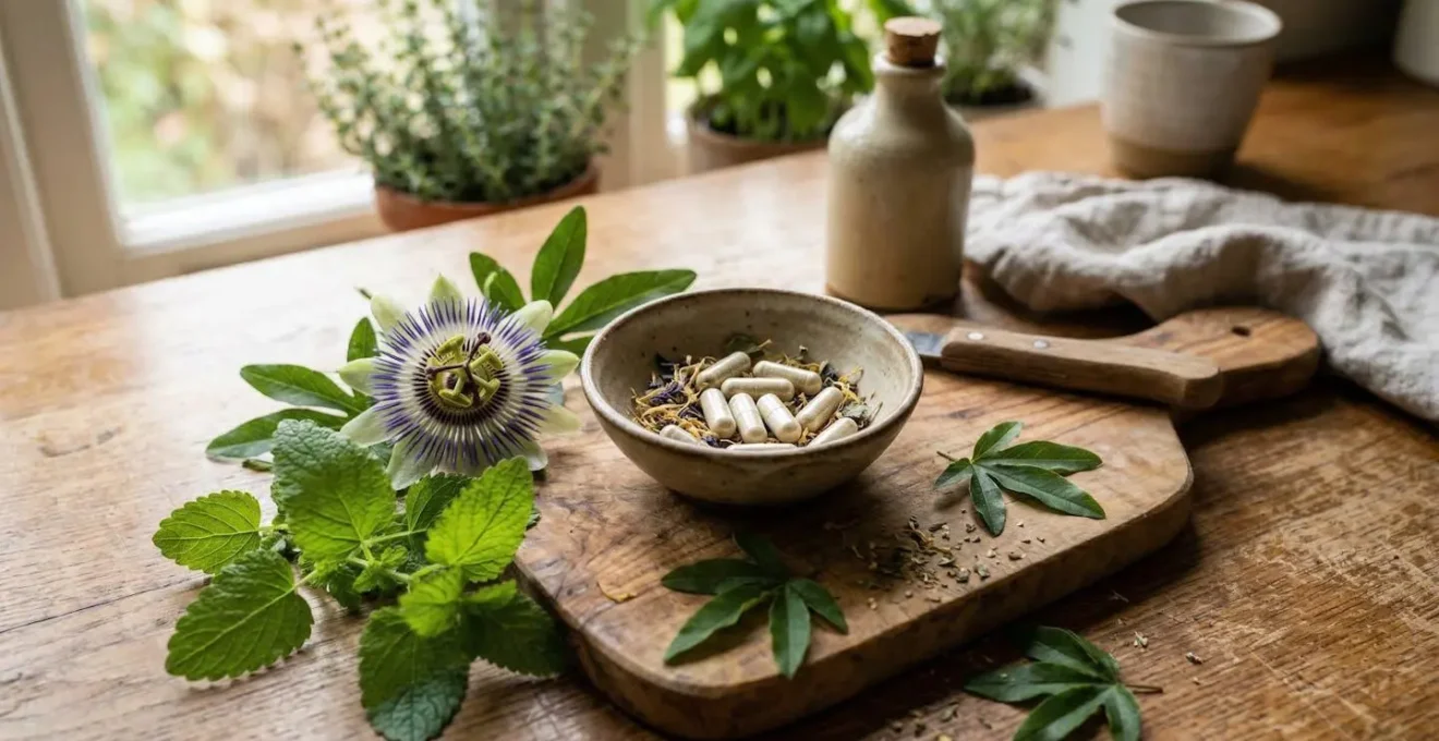 Passionflower and lemon balm leaves with supplement capsules on wooden kitchen surface