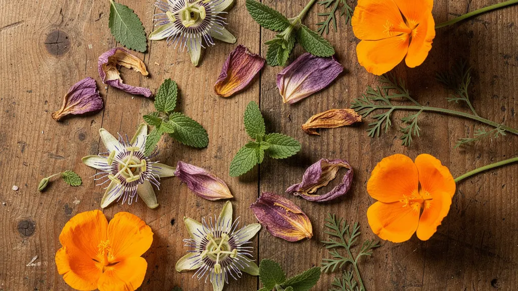 Natural herbal ingredients for sleep including passionflower and lemon balm on wooden surface (botanical extracts)
