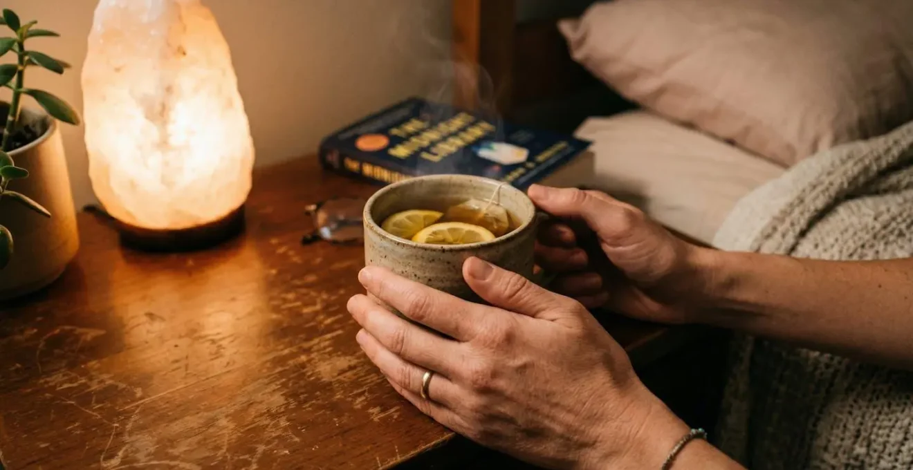 Hands wrapped around a ceramic mug of herbal tea on a wooden bedside table, warm evening light visible through a window