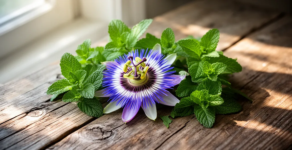 Fresh passionflower and lemon balm herbs arranged naturally for sleep supplement ingredients