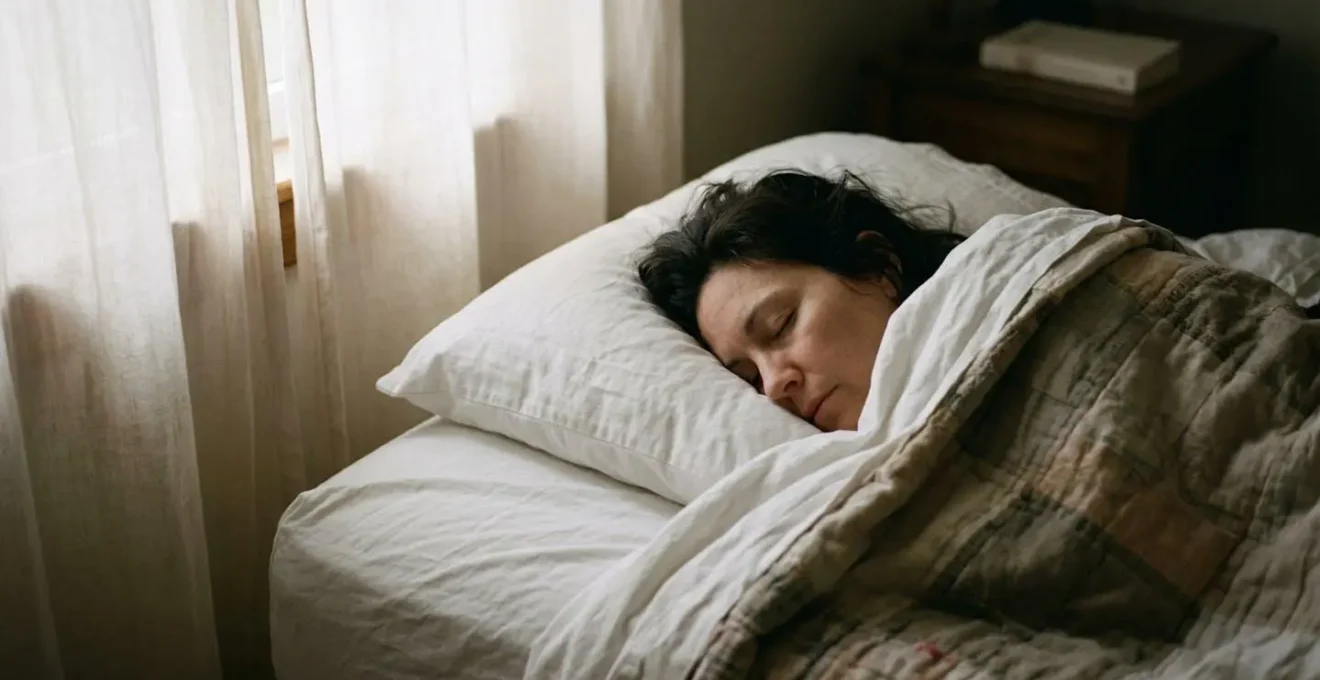 A person sleeping peacefully under light bedding, soft morning light filtering through curtains onto the pillow