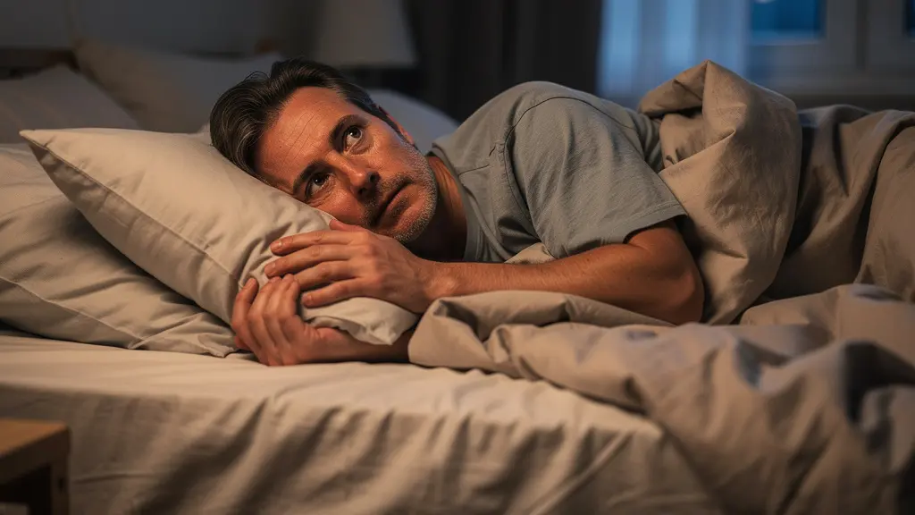 Adult lying awake in bed at night experiencing difficulty falling asleep (sleep onset problem)