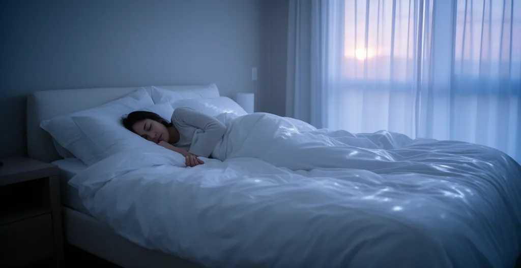 Person sleeping peacefully in comfortable bed with pre-dawn light filtering through curtains