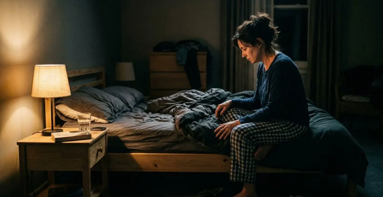 A person sits on the edge of a bed in a dimly lit bedroom, head slightly bowed, captured from the side in natural low light
