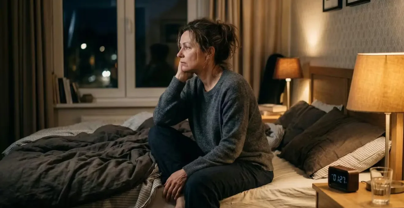 Woman experiencing fragmented sleep sitting on bed edge at night looking tired
