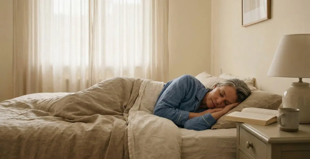 Woman in restful deep sleep with soft dawn light filtering through bedroom curtains