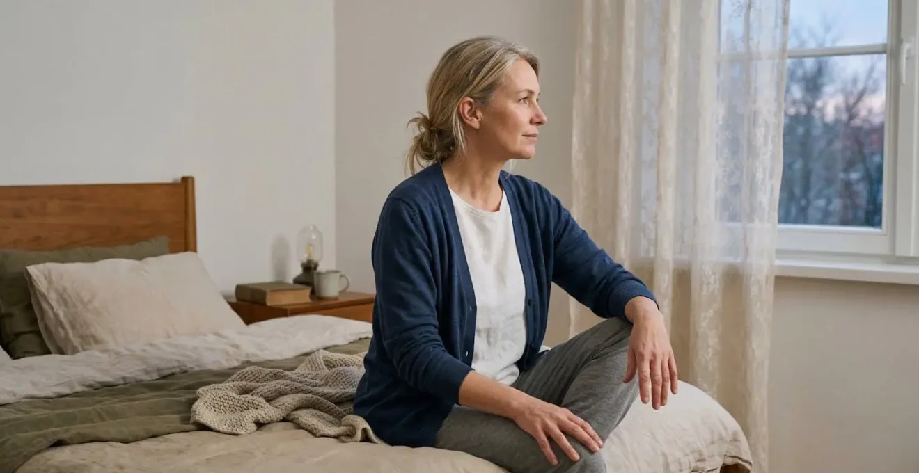 Woman preparing for restful sleep in peaceful bedroom environment at dusk