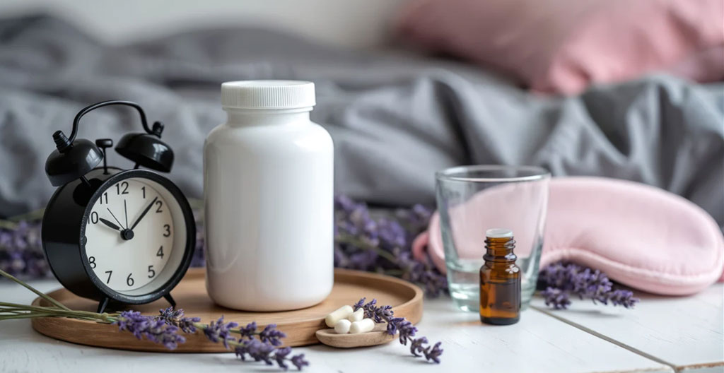 Close-up of hands holding a capsule near a glass of water on a bedside table in warm evening light
