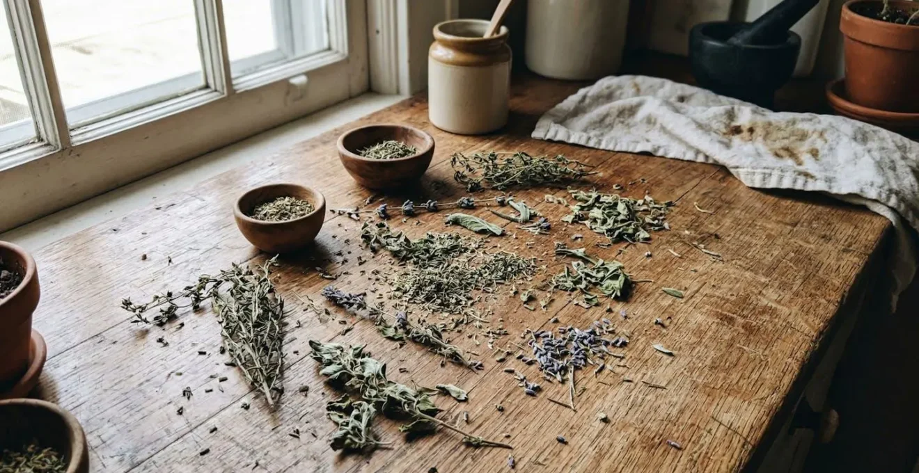 Dried passionflower and lemon balm scattered naturally on a rustic wooden kitchen surface in soft daylight