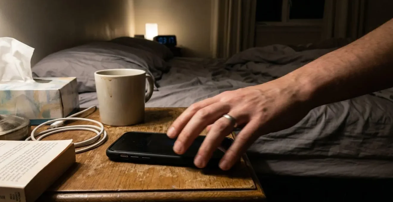 A person's hand reaching towards a phone on a nightstand in dim bedroom lighting