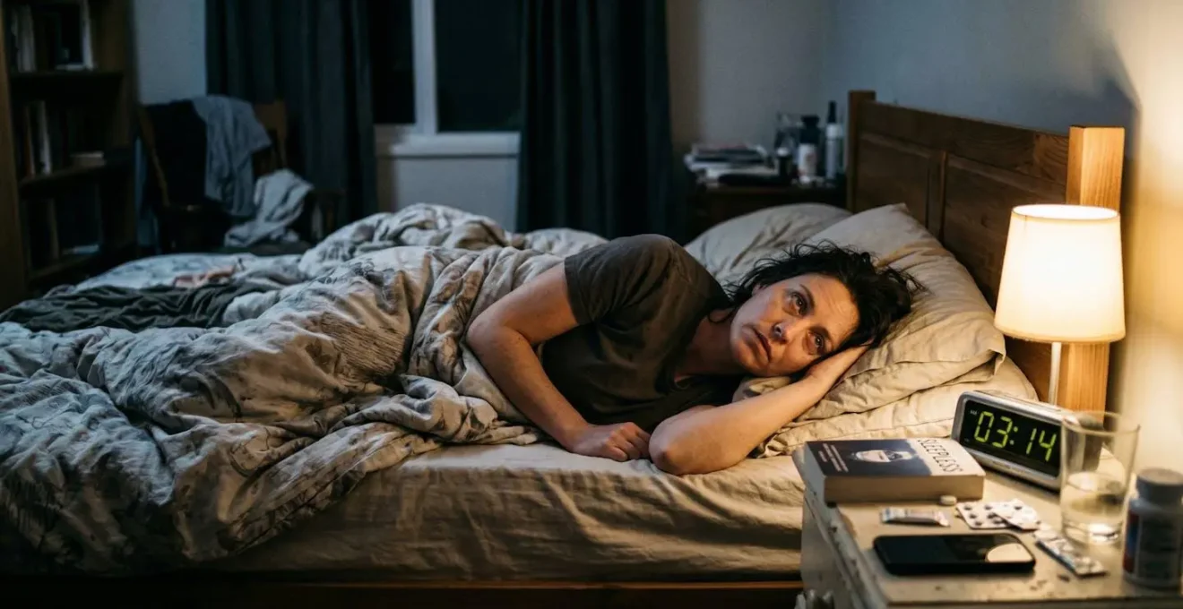 A person lying in bed at night with soft light filtering through curtains, bedside clock visible on nightstand