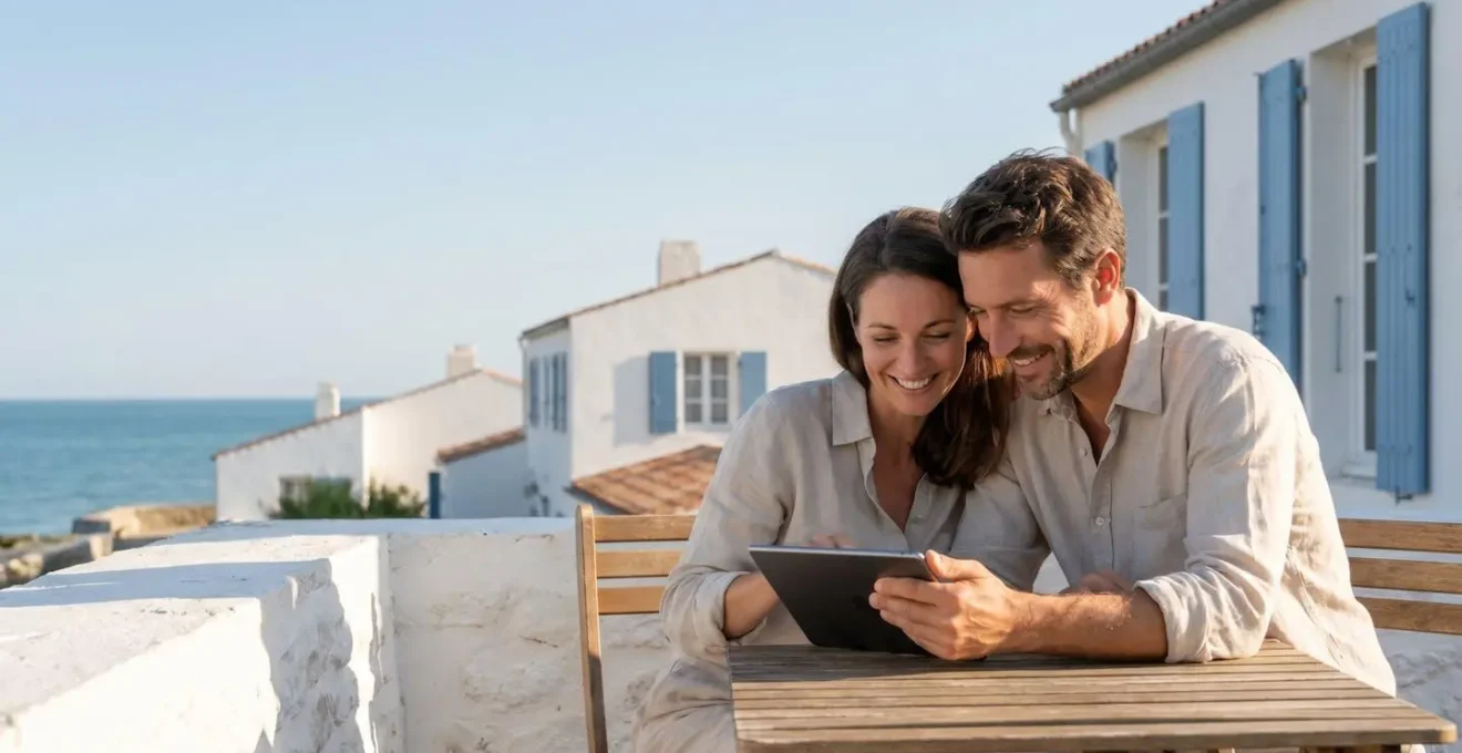 A couple reviewing a rental listing on a tablet while sitting on a sunny terrace overlooking the sea on Île de Ré