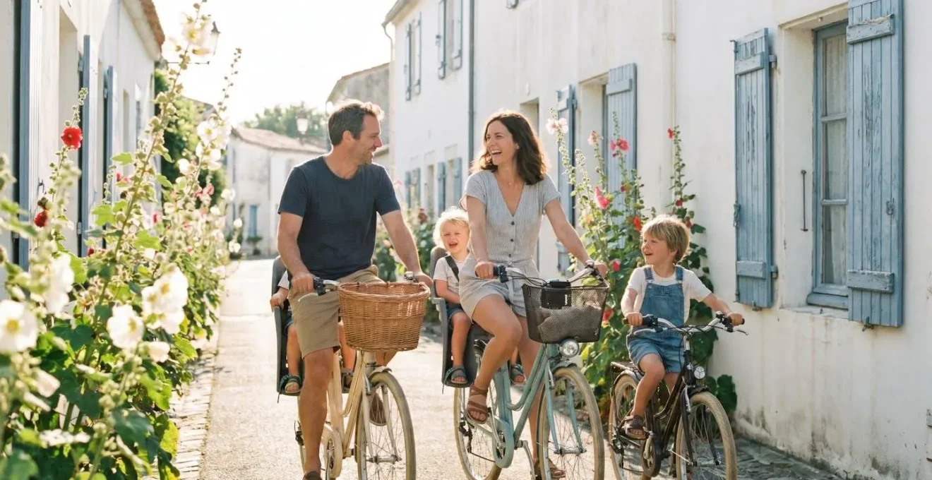 A family cycling through a whitewashed village on Île de Ré on a sunny summer morning