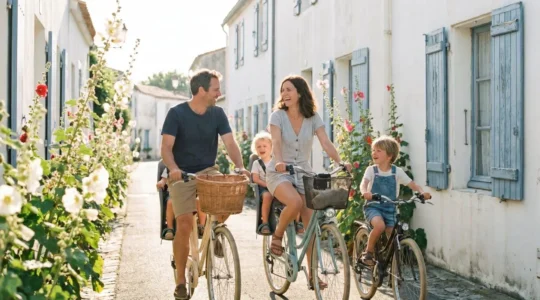 A family cycling through a whitewashed village on Île de Ré on a sunny summer morning