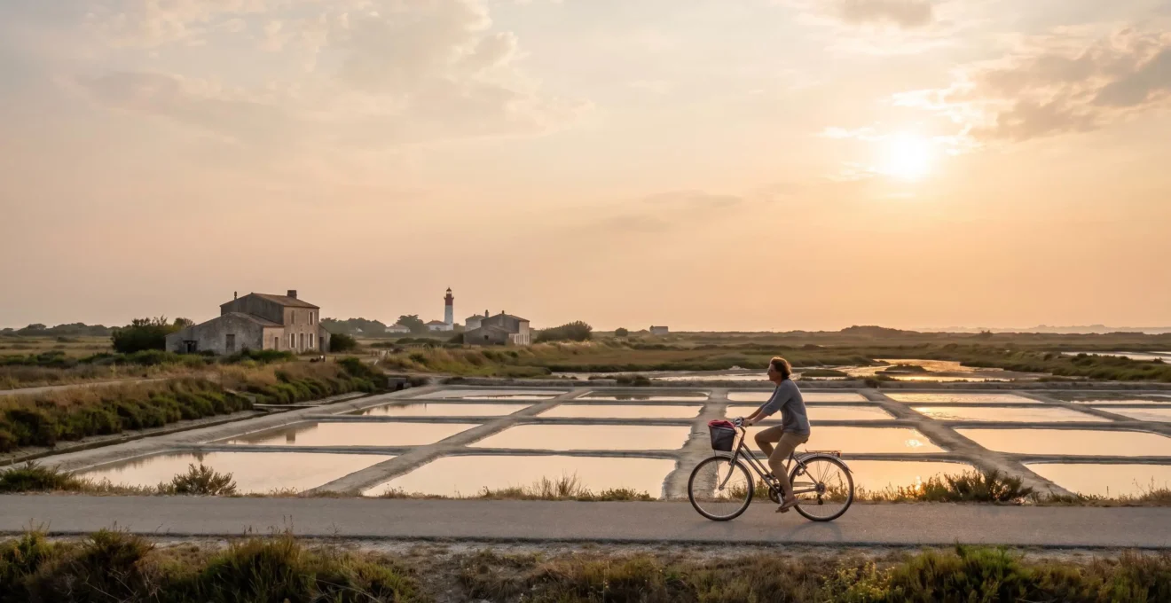 Cyclist alone on a flat cycling path bordered by salt marshes on Île de Ré late afternoon
