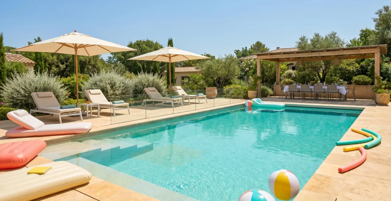 Luxury villa pool area configured for family use, showing spacious swimming pool with shallow entry steps and glass safety barriers, comfortable sun loungers under parasols, pool toys, and covered outdoor dining area under pergola in background