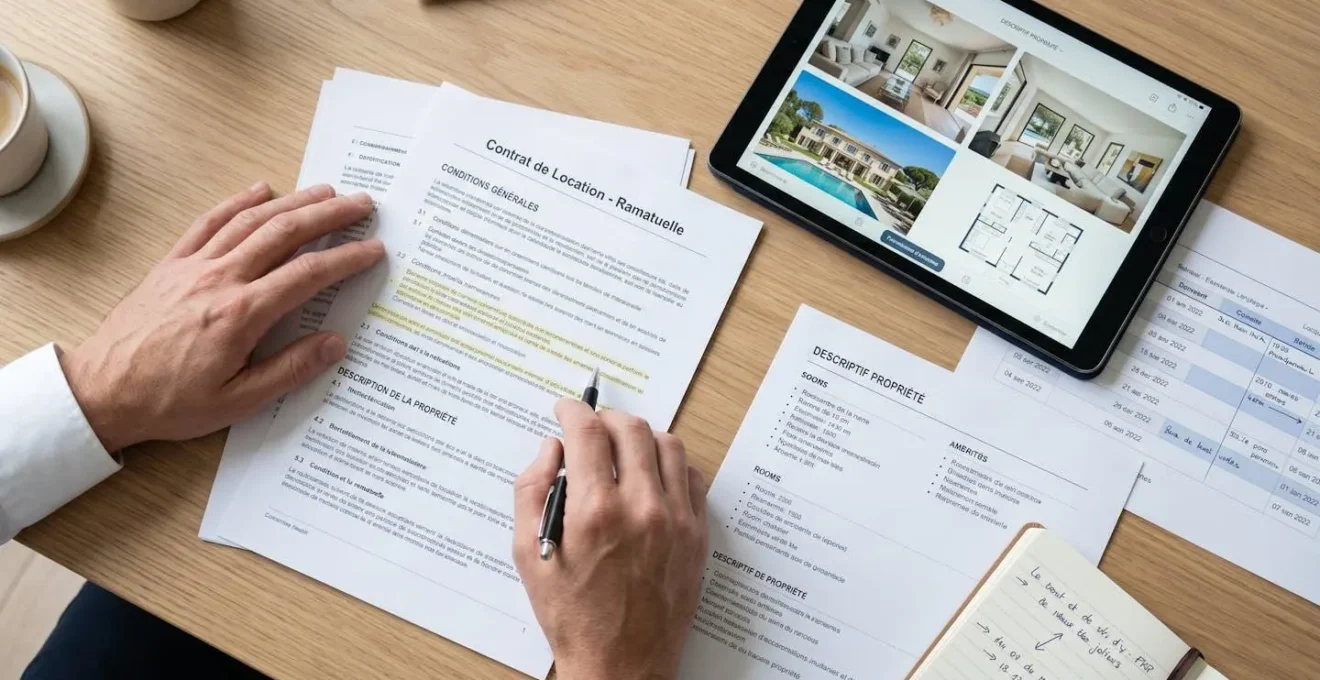 Overhead view of hands reviewing printed luxury villa rental contract on contemporary desk, with tablet displaying property photos, specification documents, and handwritten notes, depicting booking verification process