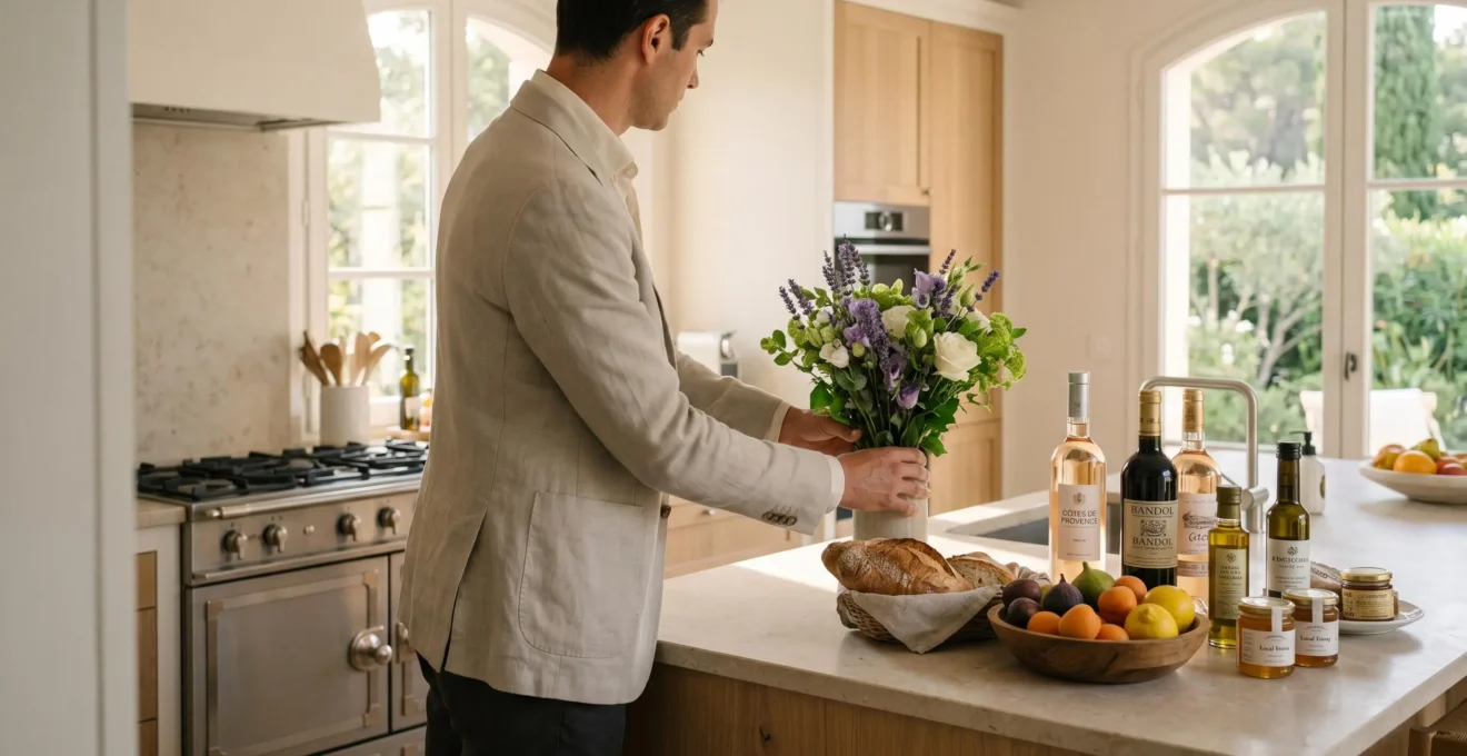 Professional villa concierge in smart-casual attire arranging fresh welcome provisions including flowers, wine, bread and local market items on luxury kitchen counter, captured from side angle emphasizing service attention to detail