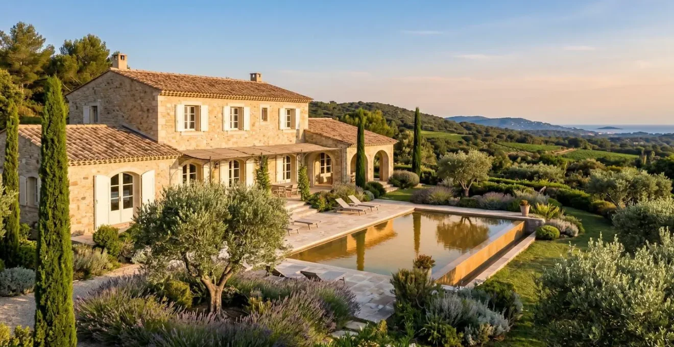 Wide exterior view of traditional Provençal bastide villa in Ramatuelle with stone facade, ivory shutters, infinity pool, and Mediterranean landscaping including lavender and olive trees, captured during golden hour with distant hillside background