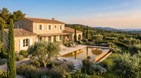 Wide exterior view of traditional Provençal bastide villa in Ramatuelle with stone facade, ivory shutters, infinity pool, and Mediterranean landscaping including lavender and olive trees, captured during golden hour with distant hillside background