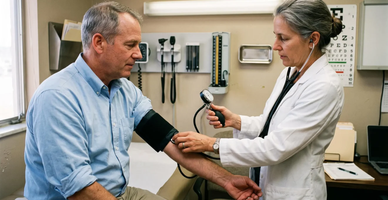 An aviation medical examiner takes the blood pressure of a pilot during a Class 1 medical certificate examination.