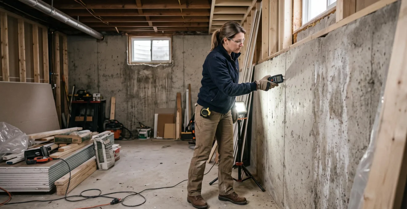 Professional contractor inspecting concrete foundation wall with moisture meter in an Ottawa residential basement during renovation.