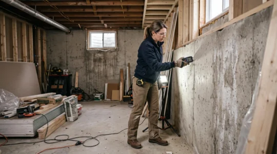 Professional contractor inspecting concrete foundation wall with moisture meter in an Ottawa residential basement during renovation.