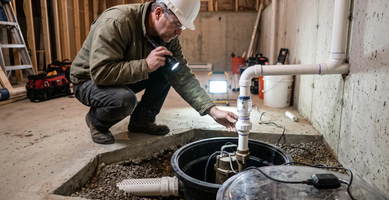 Contractor inspecting sump pump and drainage system installation in Ottawa basement renovation project.