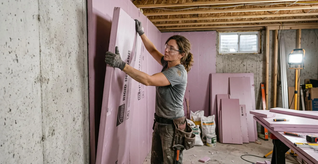 Contractor installing rigid insulation panels on basement foundation wall in Ottawa residential renovation.
