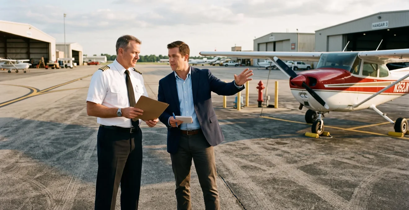 A uniformed airline pilot and an advisor discuss insurance coverage next to a small aircraft on an airport apron in the United States.