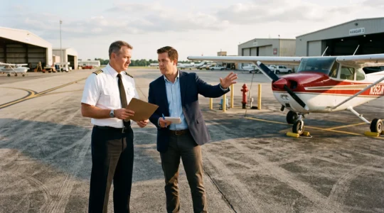 A uniformed airline pilot and an advisor discuss insurance coverage next to a small aircraft on an airport apron in the United States.