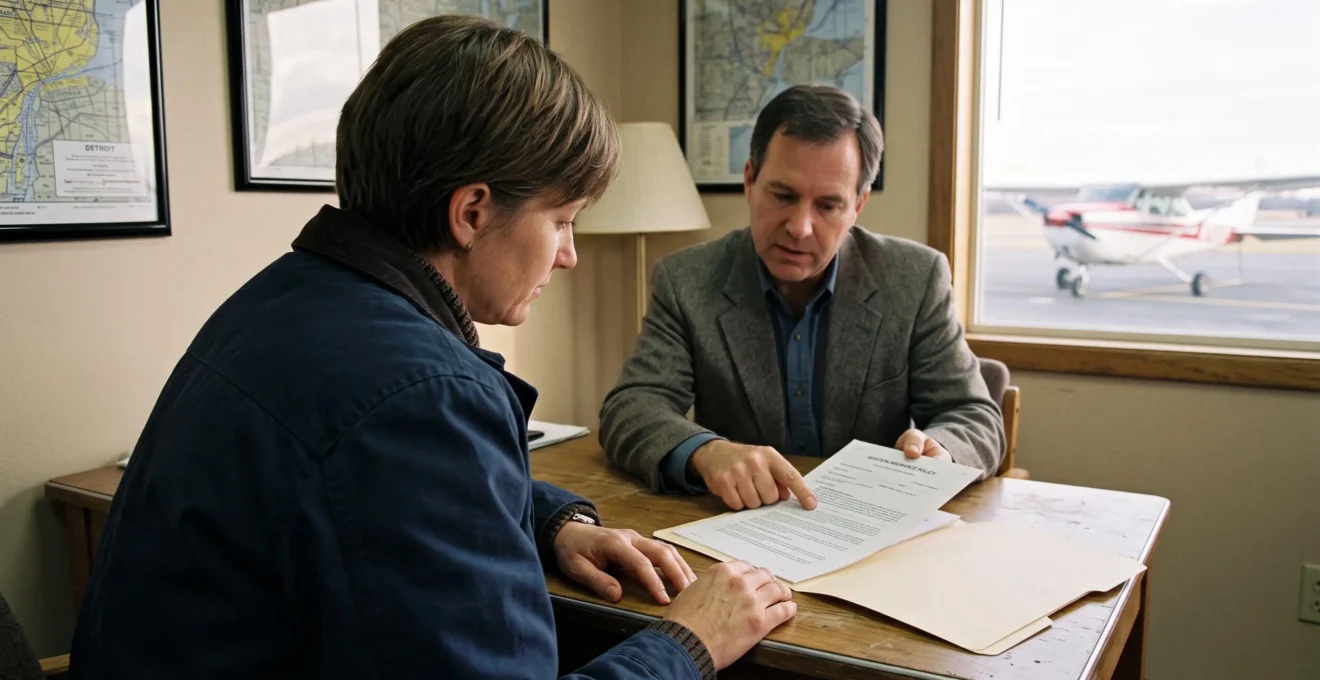 A pilot reviews the details of an aviation insurance policy with a broker at a flight school office.