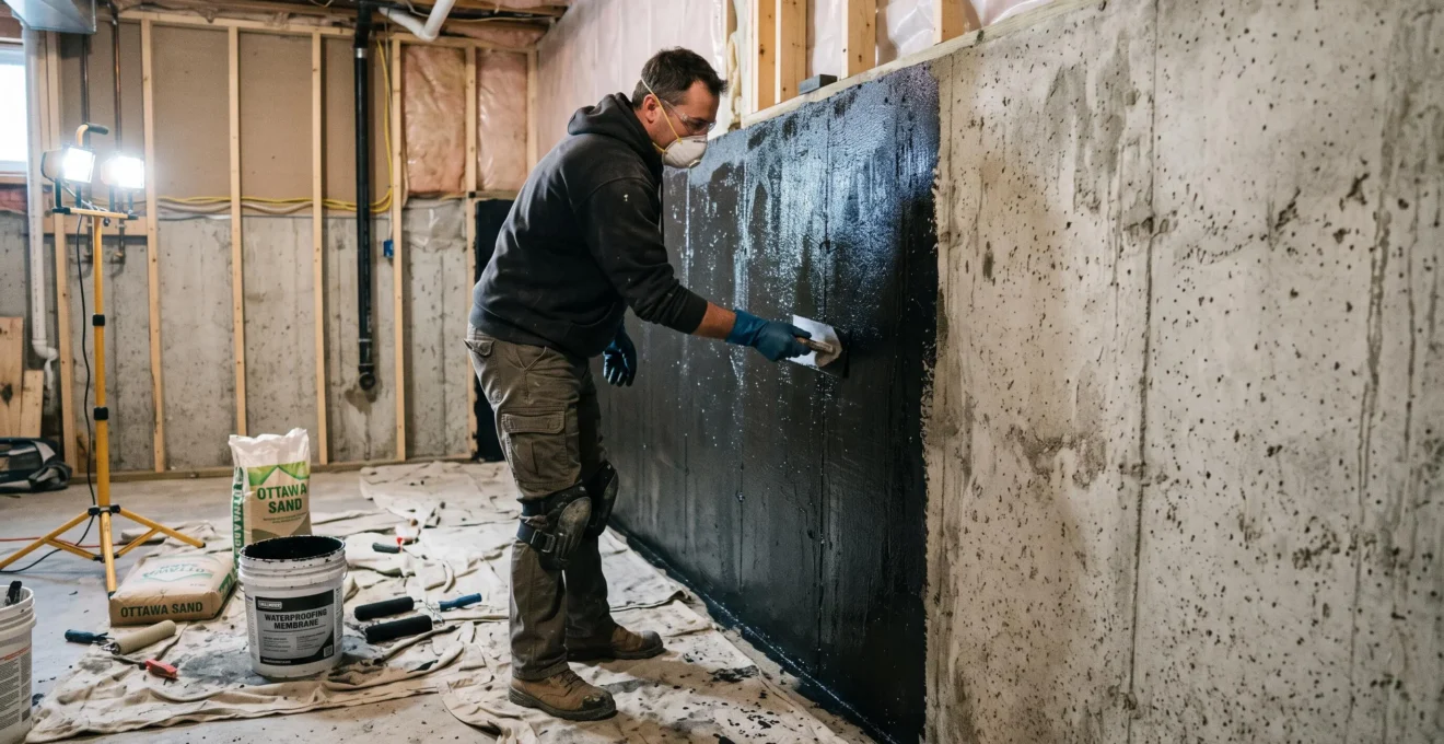 Contractor applying waterproofing membrane to basement foundation wall during Ottawa home renovation.